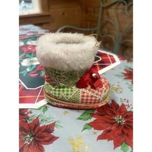 Vintage 1960 Santa Boot Shoe Christmas Decoration Faux Fur Red Green White Retro